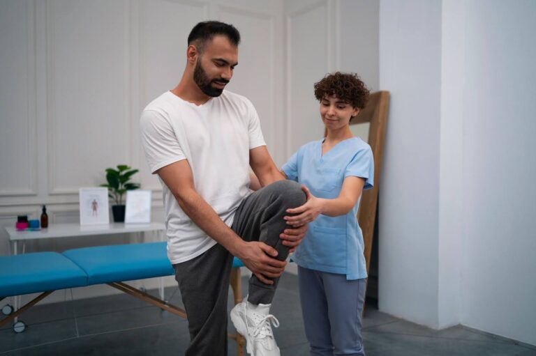 Physical therapist helping a man with a knee mobility exercise during a rehabilitation session, focusing on improving flexibility and strength for knee recovery