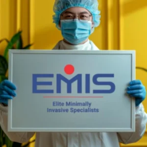 Doctor holding EMIS sign – Elite Minimally Invasive Specialists at EMIS Health Center